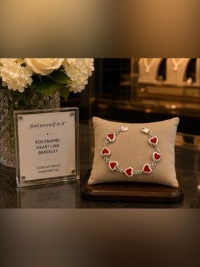 Sterling Silver  Heart Bracelet with Red Accents
